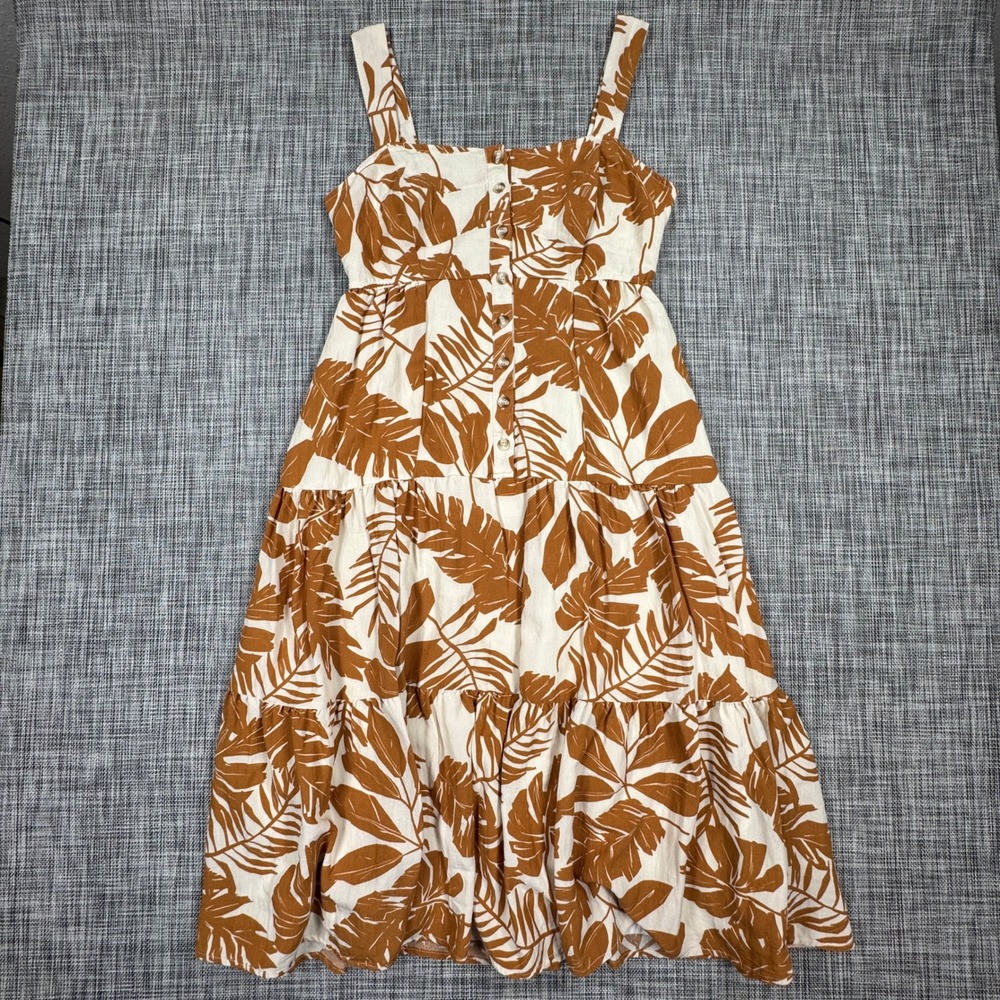 By The River Womens Tropical Leaf Tiered Midi Dress Brown Cream Smocked Large
